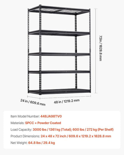 VEVOR Storage Shelves, 3000 lbs, 5 Tier Heavy Duty Garage Shelving, - Image 3