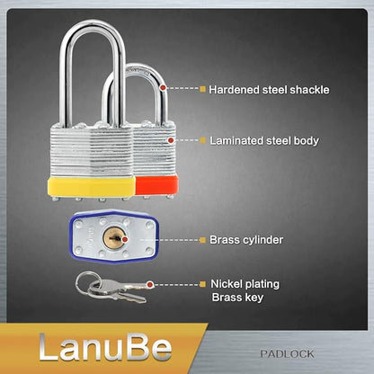 Lanube Lock 12-Pack Laminated Keyed Padlock Set 3 Colors, 2 Short 2 Long - Image 5