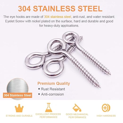 24 Pack, 3-1/5 Inch 304 Stainless Steel Eye Shape Screws Metal Hook, Heavy Duty - Image 4