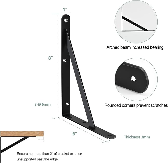 6 Pack L8 x H 6" Black Heavy Duty Shelf Brackets - Image 2