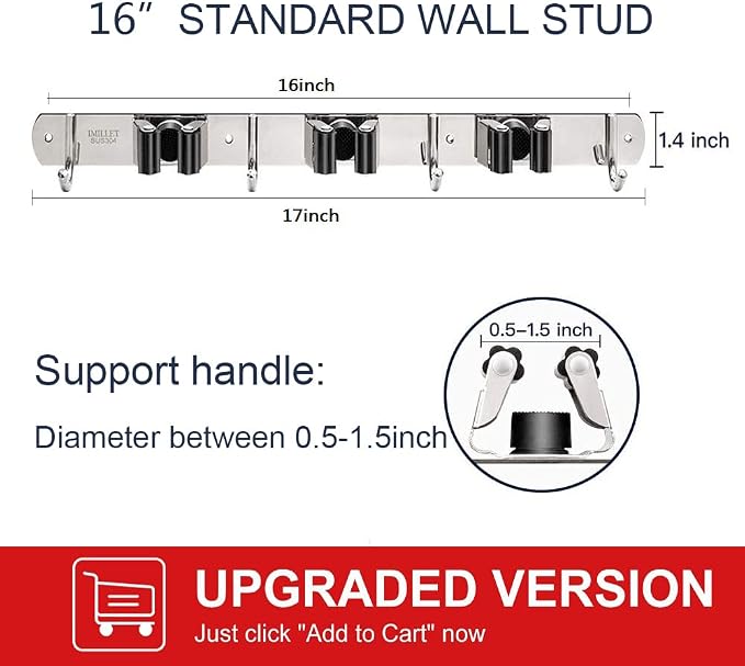 IMILLET Broom Holder Wall Mounted, Stainless Steel Broom and Mop Holder Self - Image 3