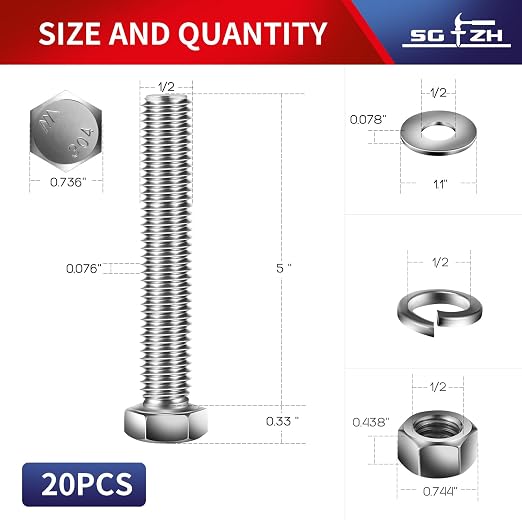 1/2-13 x 5" Hex Head Screw Bolt, Flat & Lock Washers, Fully Threaded, by SG TZH - Image 2