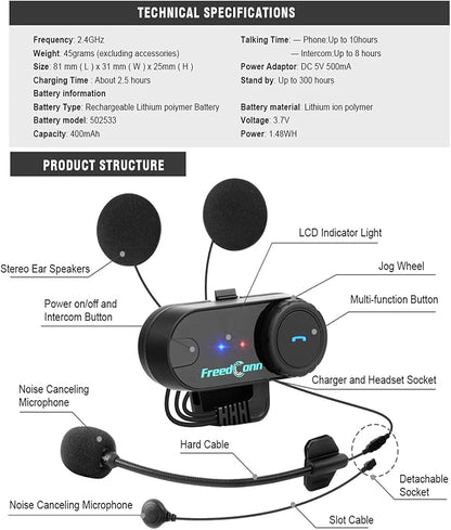 FreedConn Motorcycle Bluetooth Headset, TCOM VB 2-Way 800M Helmet Communication - Image 3