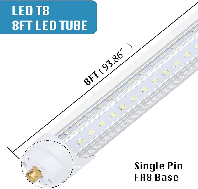 4 Pack, T8/T10/T12 8FT LED Tube Light, Single Pin FA8 Base, 100W 6000LM 6000K - Image 2