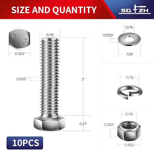 5/16-18 x 2" Hex Head Screw Bolt, Flat & Lock Washers, Fully Threaded, by SG TZH - Image 2