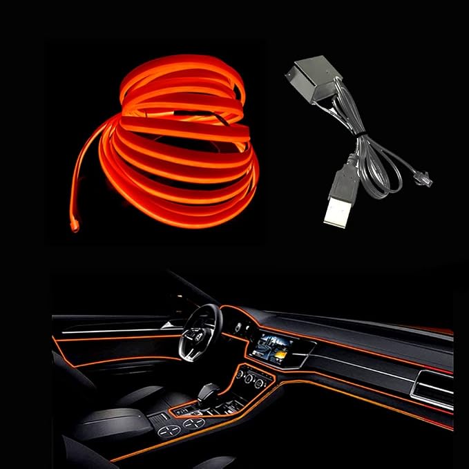 El Wire Orange Interior Car LED Strip Lights, 3M Neon Wire USB 5V by Maxlaxer