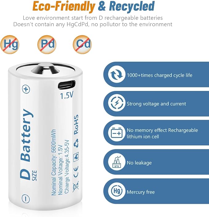 D Cell Batteries 4 Pack, Lithium D Batteries 5600mWh, Rechargeable D Batteries - Image 2