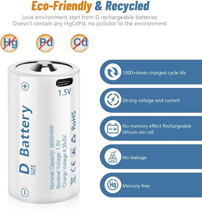 D Cell Batteries 4 Pack, Lithium D Batteries 5600mWh, Rechargeable D Batteries - Image 2