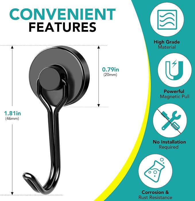 DIYMAG Black Magnetic Hooks, 40LBS Strong Magnetics Heavy Duty, Magnet Hook - Image 2
