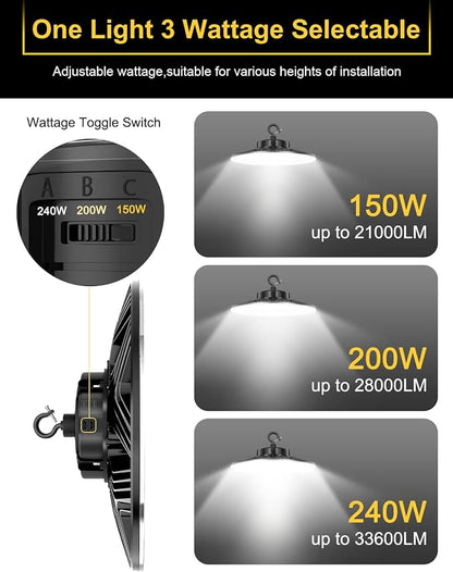 UFO LED High Bay Light, 240W/200W/150W Adjustable, UL & DLC Listed - Image 2