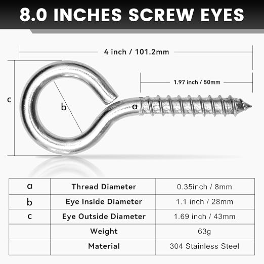 4Pcs Self Tapping Eyelet Screw Eye Bolt，4 Inch Heavy Duty Screw Eyes Hooks ，M8 - Image 2