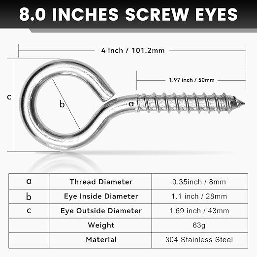 2Pcs Self Tapping Eyelet Screw Eye Bolt，4 Inch Heavy Duty Screw Eyes Hooks ，M8 - Image 2