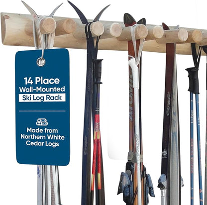 14-Place Log Ski Rack Wall Mount, Indoor Ski Storage Rack by LogKayakRack