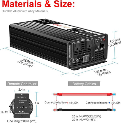 2000W Pure Sine Wave dc to ac Inverter Remote Switch DC 24V to AC 120V 60HZ - Image 5