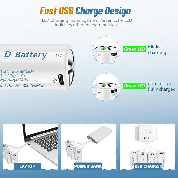 D Cell Batteries 4 Pack, Lithium D Batteries 5600mWh, Rechargeable D Batteries - Image 4
