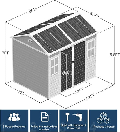 Resin Storage Shed with Floor 8x6x7 FT Outdoor Waterproof Wider Door Plastic - Image 2