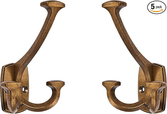 Large Wall Double-Sided Hook 5 Pack Antique Brass Hook Decorative Heavy Duty by ZAUYX