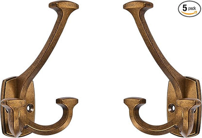 Large Wall Double-Sided Hook 5 Pack Antique Brass Hook Decorative Heavy Duty by ZAUYX