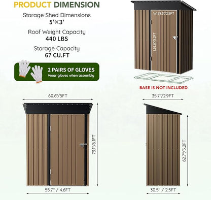 5x3FT Vertical Outdoor Steel Storage Shed, Lockable Doors, Compact Metal Tool - Image 2