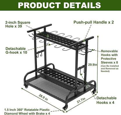 Garden Tool Organizer with Wheels, Large Capacity Garage Tool Rack with Hooks - Image 2