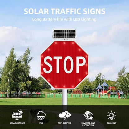 30" Solar Stop Sign Solar Powered LED Blinking Reflective Street Traffic - Image 4