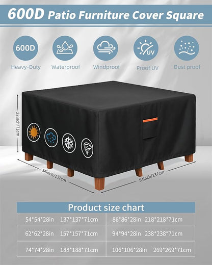 Outdoor Waterproof Furniture Cover, 54W x 54L x 28H inches Heavy Duty 600D - Image 3