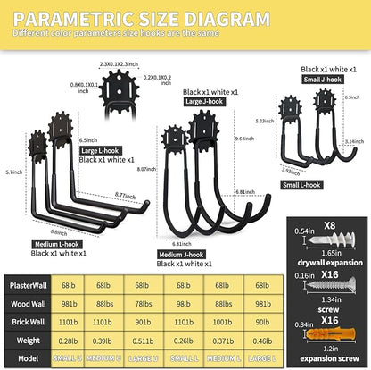 Garage Hooks Black & White 12 Pack, Heavy Duty Steel Tool Storage Utility Hook - Image 2
