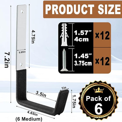 Heavy Duty Utility Hooks, 6 Pack Steel Wall Mounts - Image 2