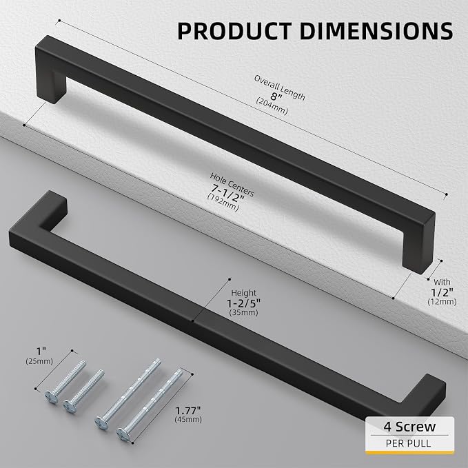 goldenwarm 35 Pack 7-1/2in Black Square Bar Cabinet Pull Drawer Handle - Image 2