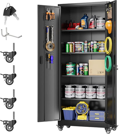 Metal Storage Cabinet with Wheels, Pegboard and 4 Hooks, Assembly Required by GANGMEIMENTALSTORAGECABINET