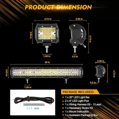 Auxbeam 20" 420W LED Light Bar w/ 2x 4" 120W Pods, Amber/White Strobe Off-Road - Image 3