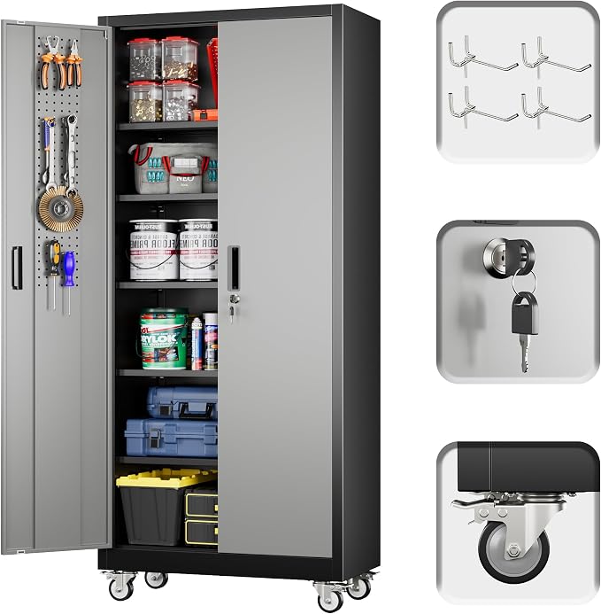 Garage Storage Cabinet with Pegboard and 5 Adjustable Shelves, Tool Storage - Image 4