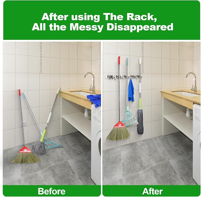 voze 5 Racks and 4 Hooks Mop and Broom Holder Wall Mount, Self Adhesive Heavy - Image 4