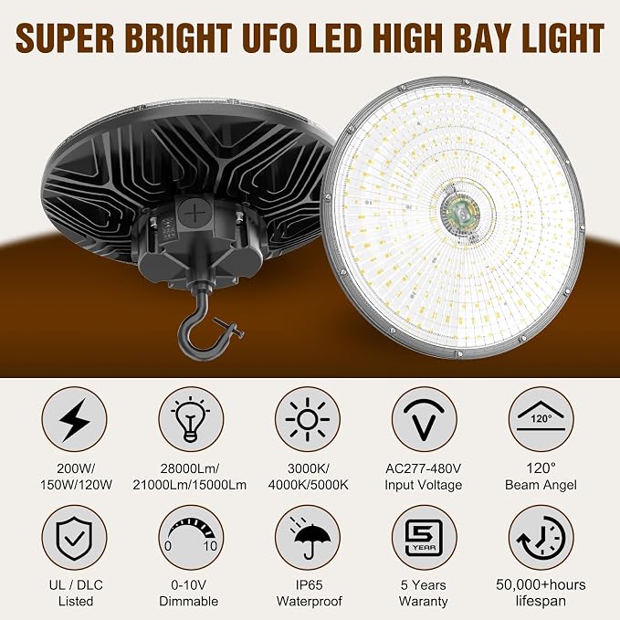480V UFO LED High Bay Light 200W 150W 120W Adjustable, UL DLC Listed Dimmable - Image 2