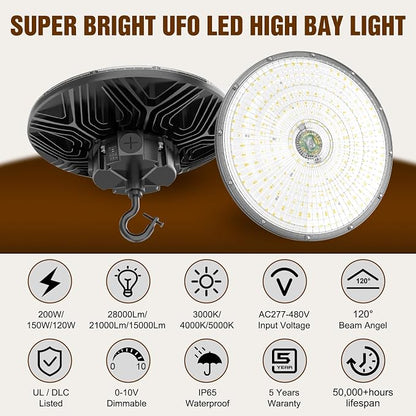 480V UFO LED High Bay Light 200W 150W 120W Adjustable, UL DLC Listed Dimmable - Image 2