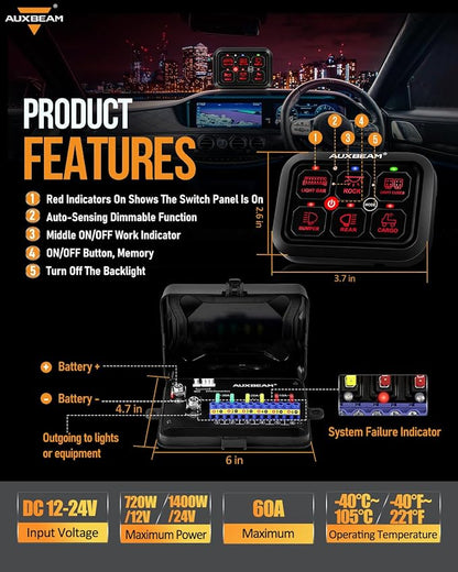 Auxbeam 6 Gang Switch Panel RA60 Toggle Momentary Pulsed RGB Dimmable Switch - Image 2