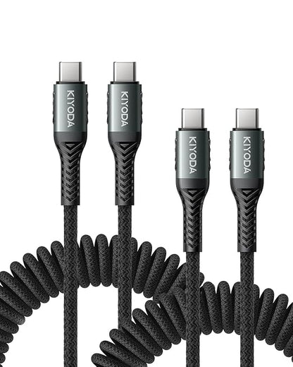 USB C to USB C Cable Coiled 3FT 2Pack, Braided Type C Charger by KIYODA