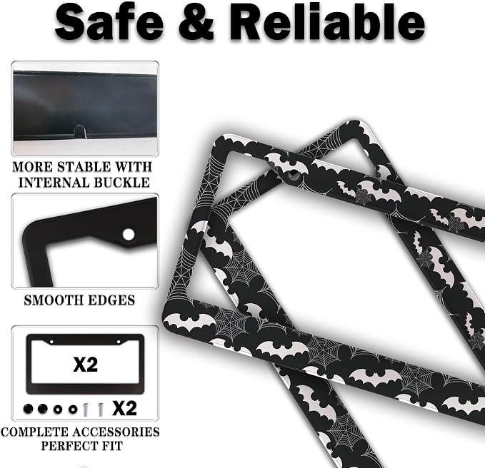 License Plate Frame Black and White License Plate Holder Spider Web Bat - Image 4