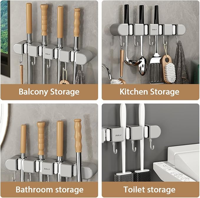 3PCS Broom Mop Holder with Hooks Wall Mounted Broom Storage Rack No Drilling - Image 3