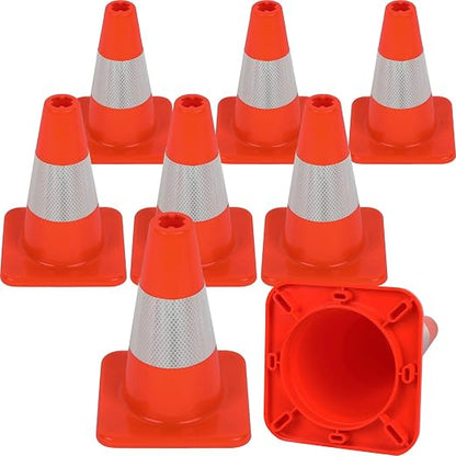 8 Pack All-PVC 1-Piece Traffic Cones, 360° Visible Fluorescent Orange-Red by OranLite