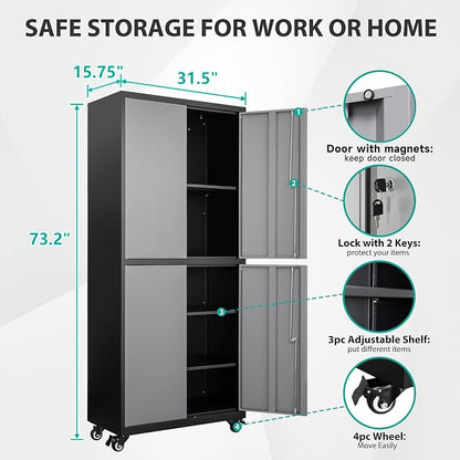 Metal Storage Cabinet with Wheels, Rolling Garage Storage Cabinet with Lock - Image 2