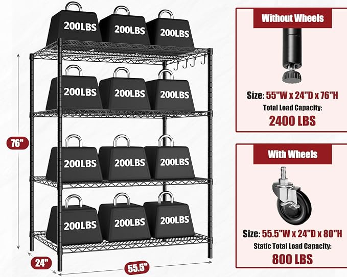 PrimeZone 4 Packs 55.5" W x 24" D x 80" H Heavy Duty Wire Storage Shelves - Image 3