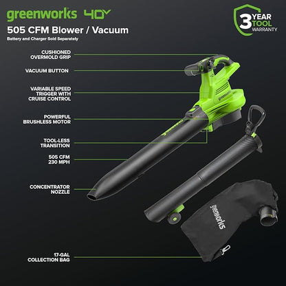 Greenworks 40V Cordless Brushless Leaf Blower/Vacuum - Image 2