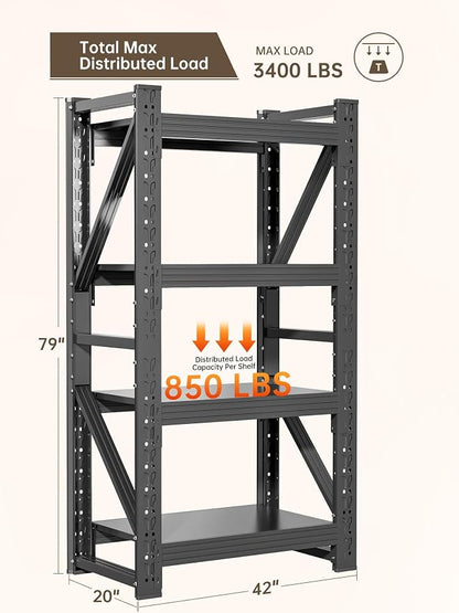 4-Tier Storage Shelves, Adjustable Industrial Metal Shelf System, 400lbs - Image 3