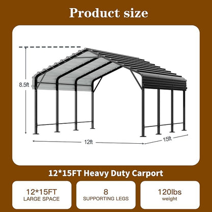 Walsunny Metal Carport 12x15 FT Heavy Duty Carport Canopy - Image 2
