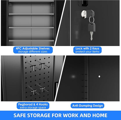 Metal Storage Cabinet with Wheels, Pegboard and 4 Hooks, Assembly Required - Image 4