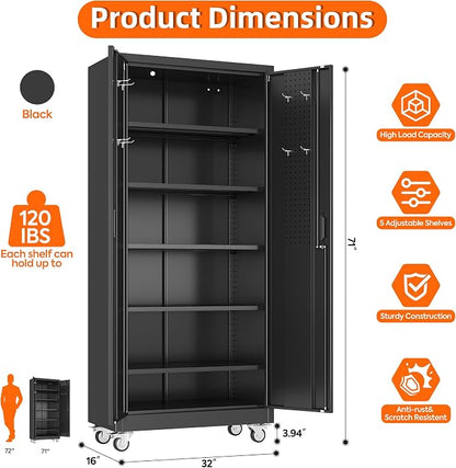 Garage Storage Cabinet with Wheels Pegboard and 5 Adjustable Shelves, Tool - Image 3
