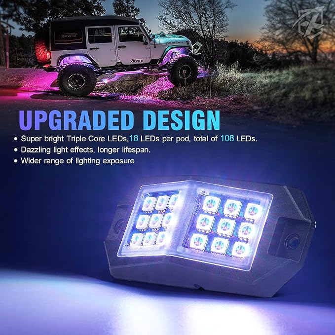 Xprite Jeep Rock Lights 10 Pods Wide Angle Bluetooth RGB LED Rocklights Kit - Image 2