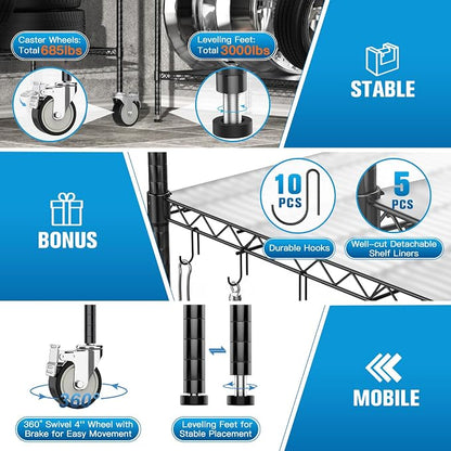 Wire Shelving with Wheels, 3000 Lbs Storage Shelves Heavy Duty, - Image 5