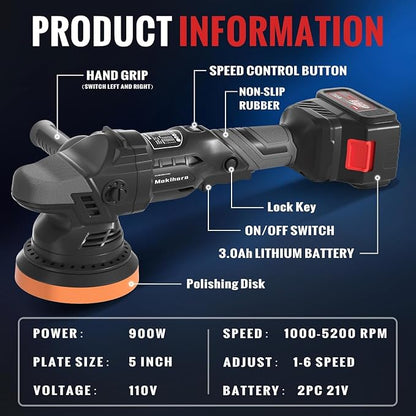 Cordless Buffer Polisher, 5 Inch Random Orbital Car Polisher Waxer, 6 Variable - Image 4